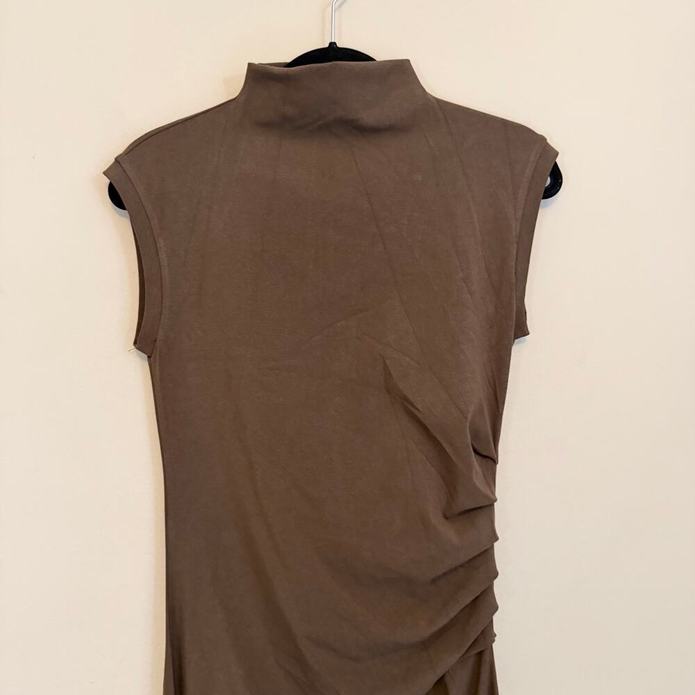 OGL Mockneck Tucks Midi Dress Medium Brown Career Office Party Cocktail NWT - Picture 3 of 6